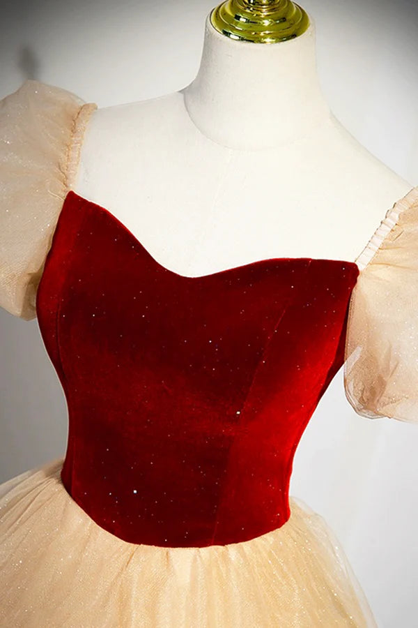 Wholesale Burgundy Velvet Glitter Cascading Ruffles Prom Dress Champagne Tulle Floor Length Evening Dress