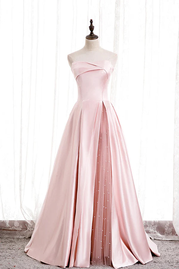 Wholesale Pink Satin Long Prom Dress with Pearls Pink Strapless Evening Dress