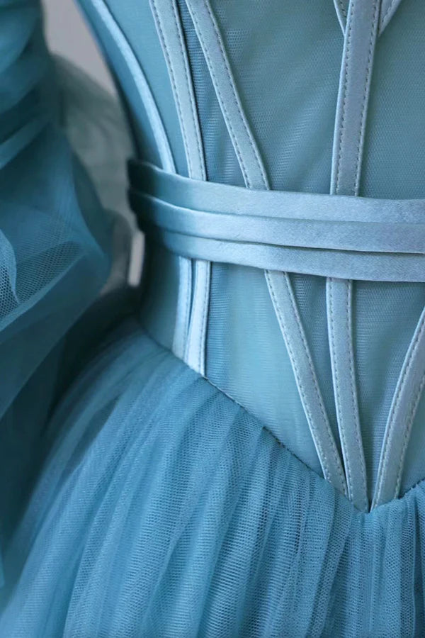 Wholesale Blue Tulle Long Spaghetti Strap Prom Dress and Corset Detachable off Shoulder Party Dress