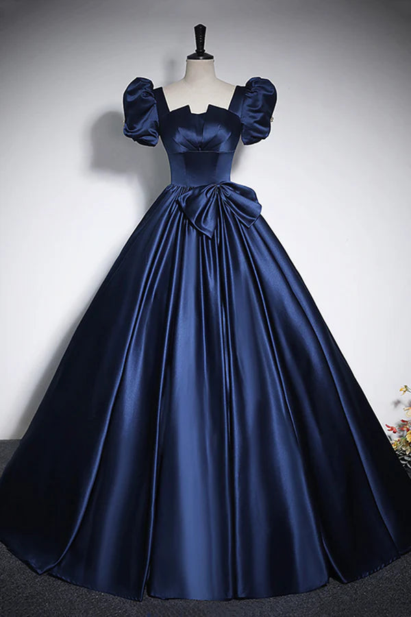 Wholesale Elegant Blue Satin Prom Dresses Square Neckline Puffy Short Sleeve Bow Backless Floor-Length Formal Dresses