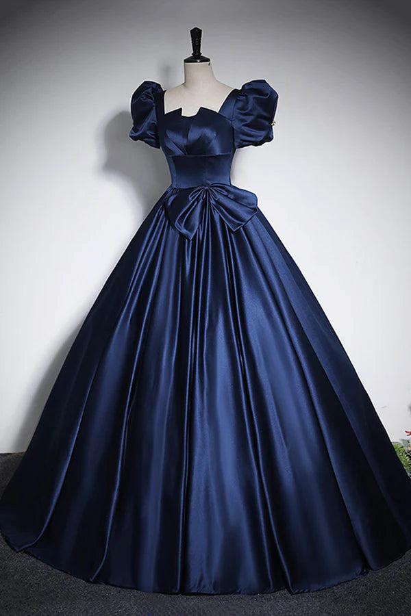Wholesale Elegant Blue Satin Prom Dresses Square Neckline Puffy Short Sleeve Bow Backless Floor-Length Formal Dresses