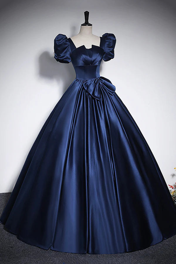 Wholesale Elegant Blue Satin Prom Dresses Square Neckline Puffy Short Sleeve Bow Backless Floor-Length Formal Dresses