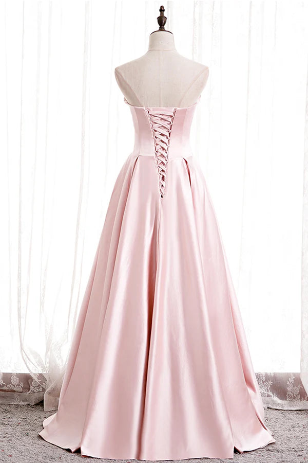 Wholesale Pink Satin Long Prom Dress with Pearls Pink Strapless Evening Dress
