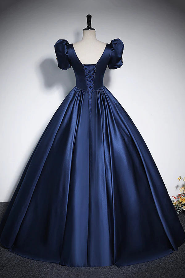 Wholesale Elegant Blue Satin Prom Dresses Square Neckline Puffy Short Sleeve Bow Backless Floor-Length Formal Dresses