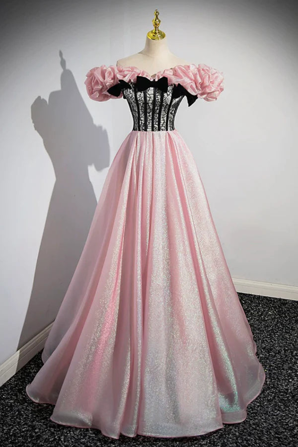 Wholesale Beautiful Shiny Tulle Long A-Line Pink Corset Prom Dress Off the Shoulder Evening Party Dress