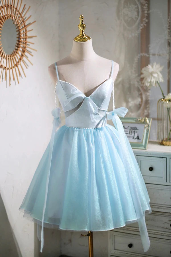 Wholesale Sky Blue Spaghetti Straps Party Dress Cute A-Line Tulle Homecoming Dress