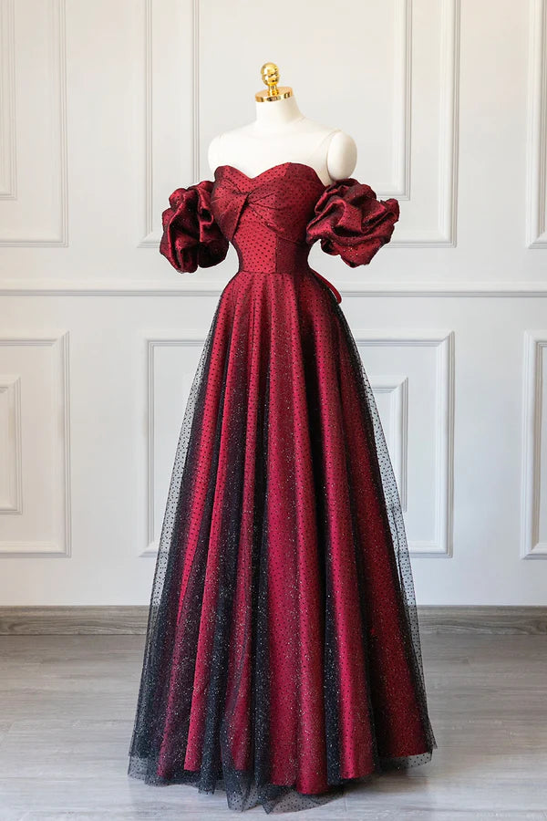 Wholesale Burgundy Satin Tulle Long Prom Dress Off Shoulder Evening Party Dress
