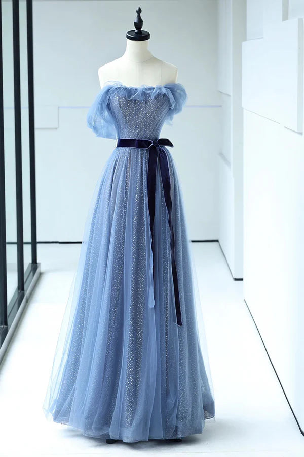 Wholesale Beautiful Blue Floor Length Prom Dress A-line Strapless Tulle Evening Dress