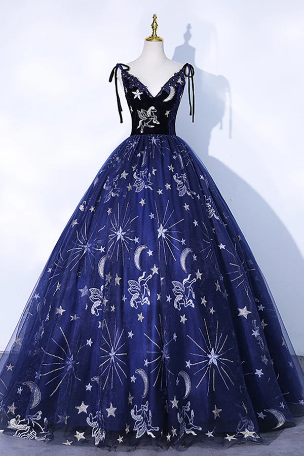 Wholesale Beautiful Navy Blue Tulle Long Prom Dress Spaghetti Straps Lace Flower Backless Formal Dress