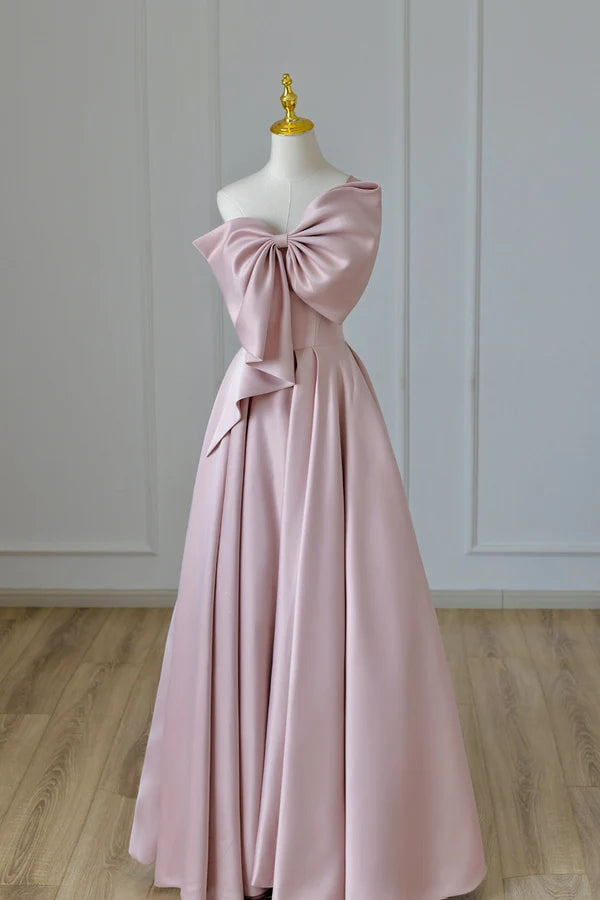 Wholesale Pink Satin Long Prom Dress with Bow One Shoulder Formal Evening Dress