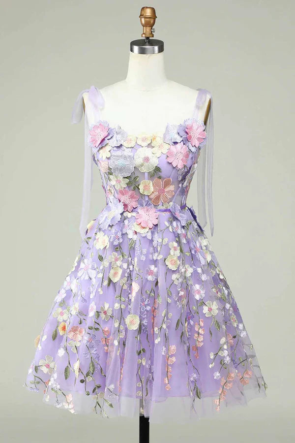 Wholesale Lavender 3D Floral Embroidered Party Dress Cute A-line Homecoming Dress