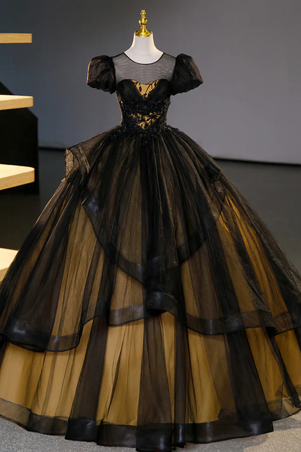 Wholesale Black Tulle Lace Long Prom Dresses Black Short Sleeve Evening Dresses