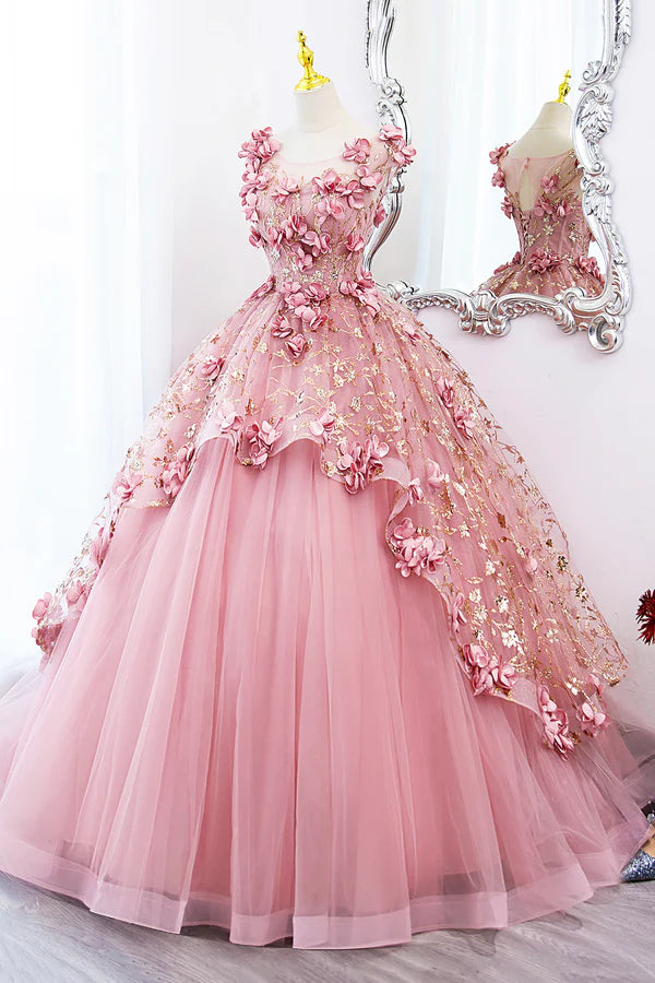 Wholesale Beautiful Pink Tulle Long Prom Dress with Flowers Lovely Tulle Sweet 16 Dress