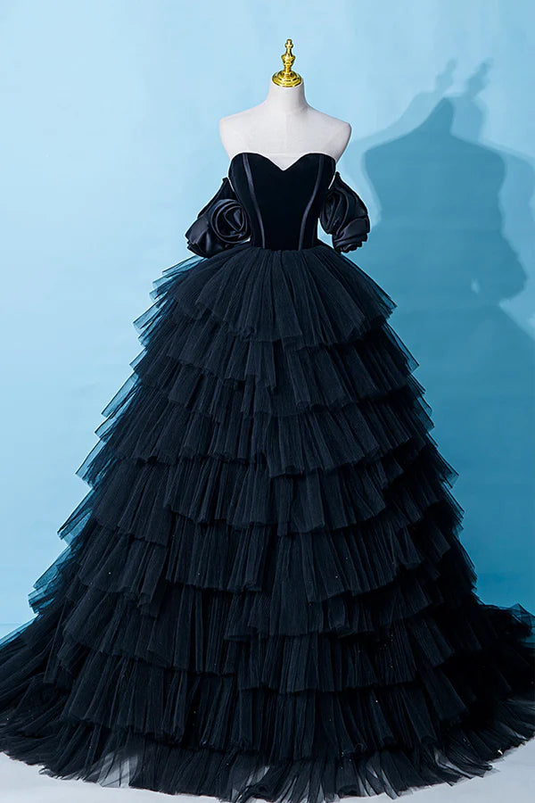 Wholesale Black Tulle Layers Long Formal Dress Black A-Line Strapless Evening Dress