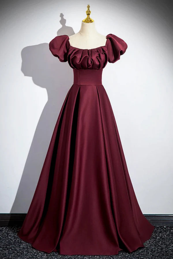 Wholesale Burgundy Satin Floor Length Prom Dress Simple A-Line Evening Party Dress