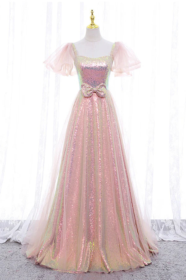Wholesale Pink Tulle Sequins Long Prom Dress Cute Short Sleeve Evening Dress