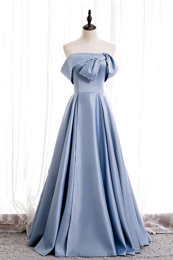 Wholesale Blue Satin Long Prom Dress with Pearls Blue A-Line Strapless Party Dress