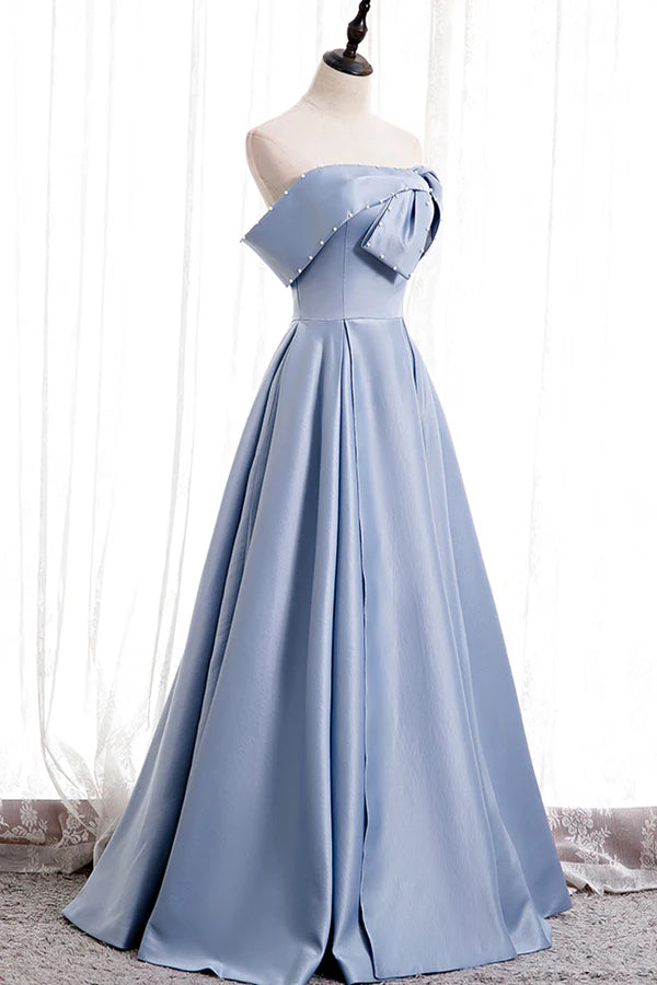 Wholesale Blue Satin Long Prom Dress with Pearls Blue A-Line Strapless Party Dress