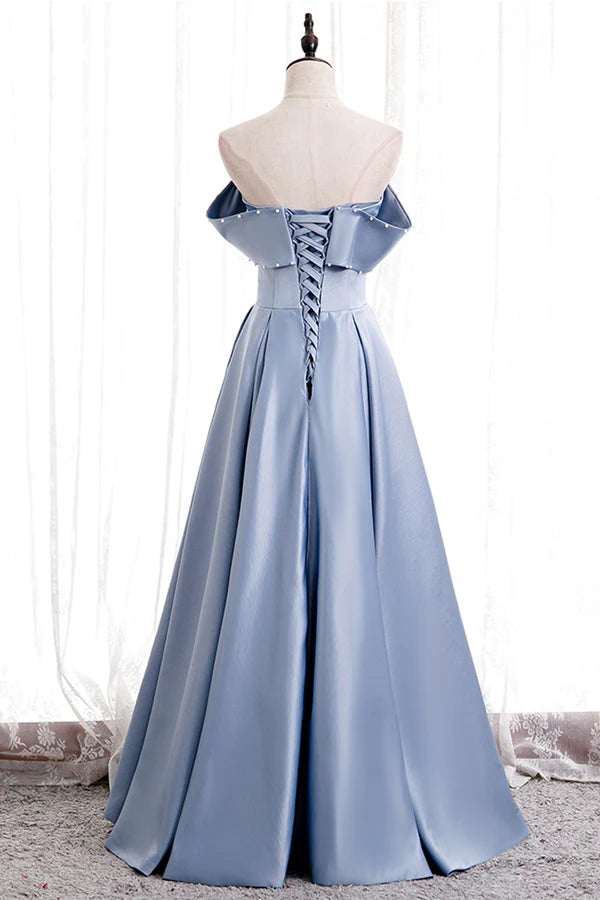 Wholesale Blue Satin Long Prom Dress with Pearls Blue A-Line Strapless Party Dress
