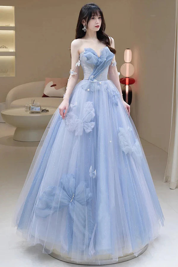 Wholesale Blue Tulle Long A-Line Prom Dress Party Dress Beautiful Blue Evening Dress