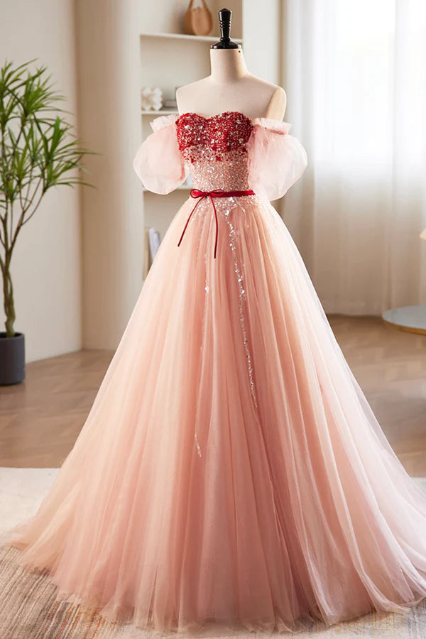 Wholesale Pink Tulle Beaded Long Prom Dress A-Line Off Shoulder Evening Party Dress