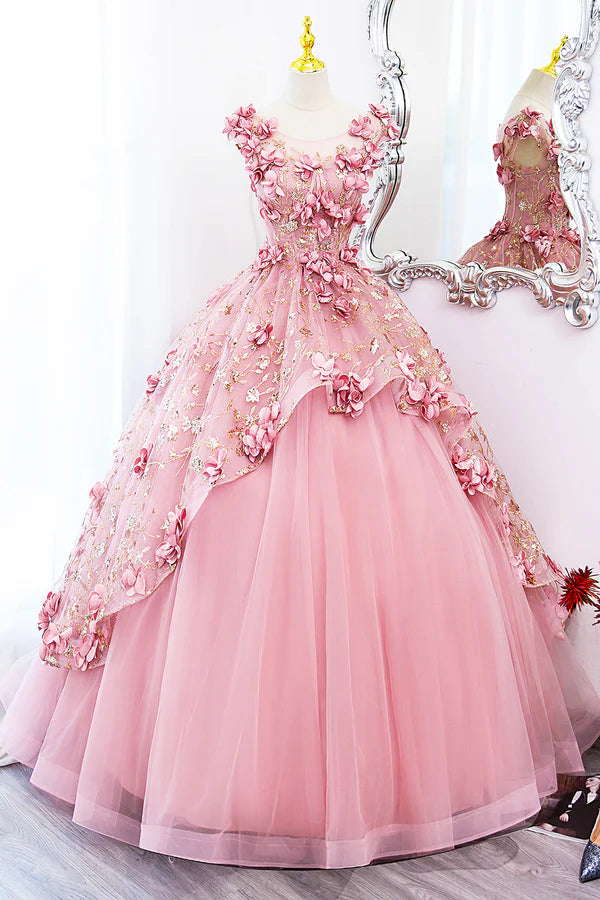 Wholesale Beautiful Pink Tulle Long Prom Dress with Flowers Lovely Tulle Sweet 16 Dress