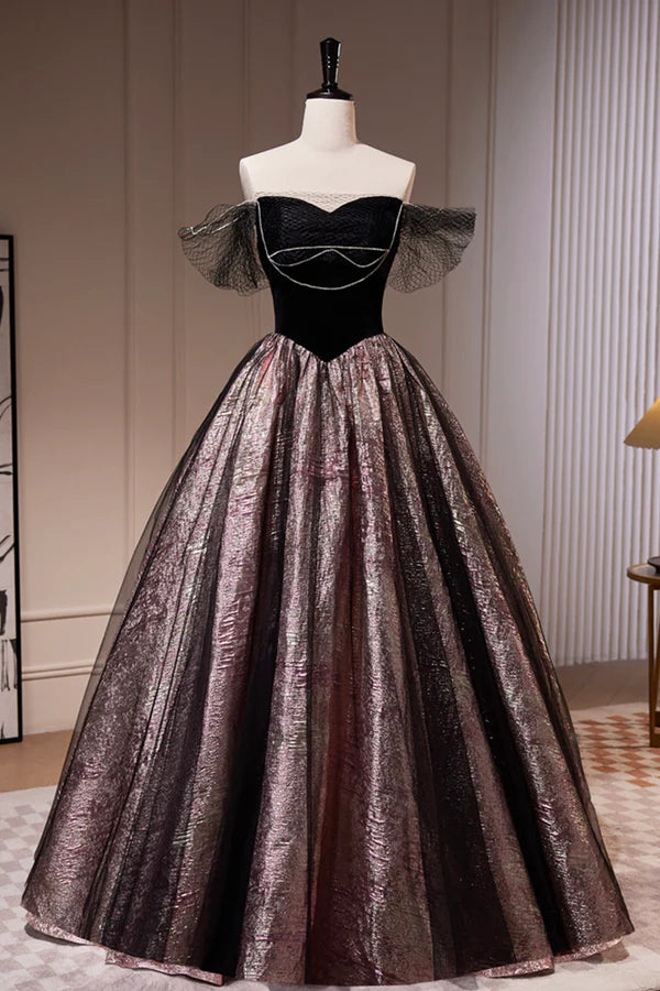 Wholesale Black Satin Tulle Long Prom Dress A-Line Off Shoulder Evening Dress Formal Dress