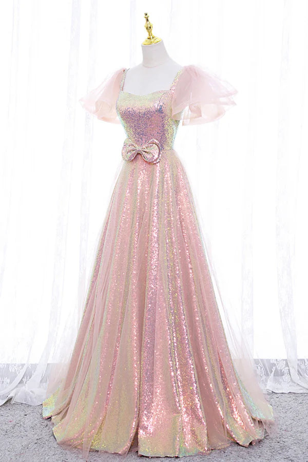 Wholesale Pink Tulle Sequins Long Prom Dress Cute Short Sleeve Evening Dress