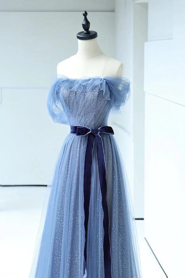 Wholesale Beautiful Blue Floor Length Prom Dress A-line Strapless Tulle Evening Dress