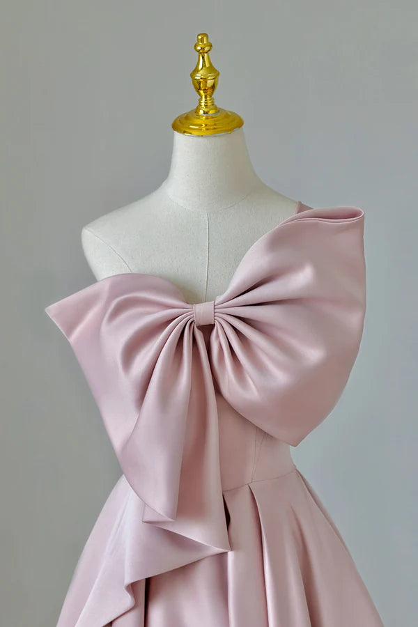 Wholesale Pink Satin Long Prom Dress with Bow One Shoulder Formal Evening Dress