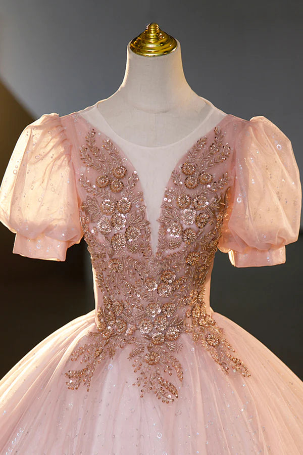 Wholesale Pink Tulle Beaded Long Ball Gown Beautiful A-Line Prom Dress Pink Sweet 16 Dress