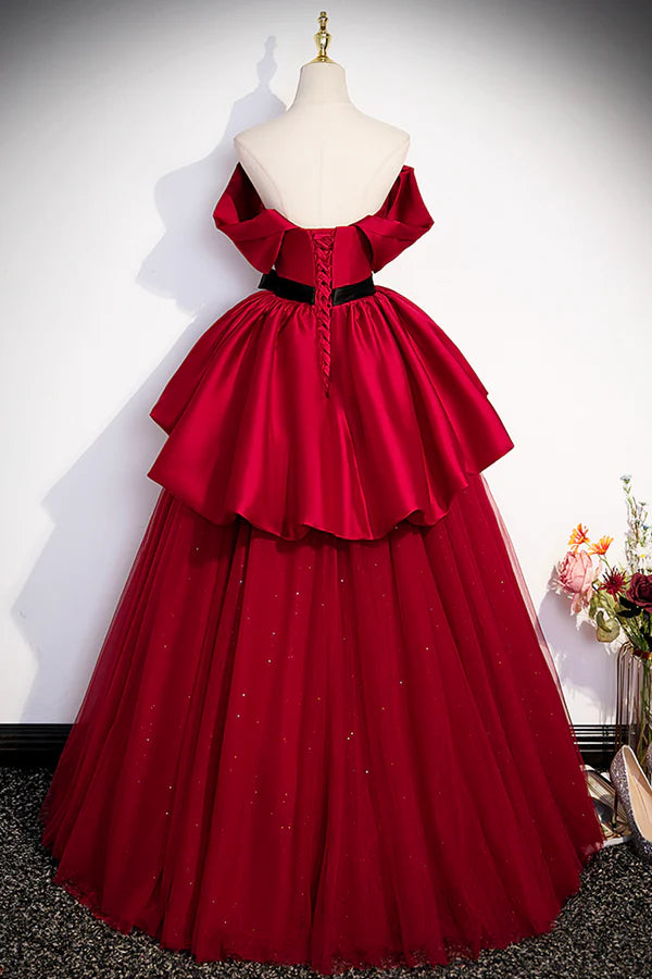 Wholesale Burgundy Satin Tulle Long Prom Dress Off Shoulder Evening Dress