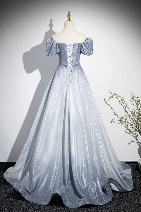 Wholesale Elegant Gradient Short Sleeve Part Dress A-Line Blue Formal Evening Dress