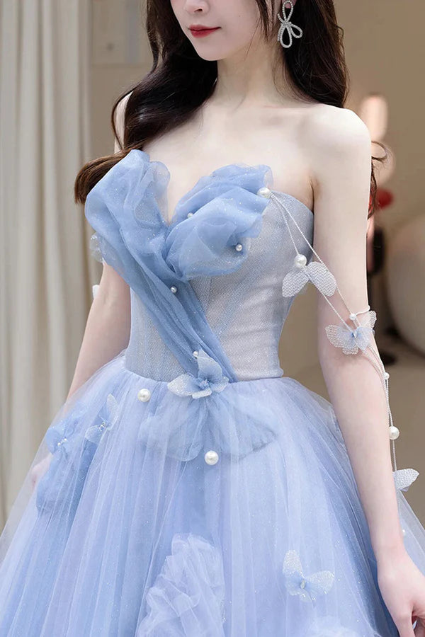 Wholesale Blue Tulle Long A-Line Prom Dress Party Dress Beautiful Blue Evening Dress