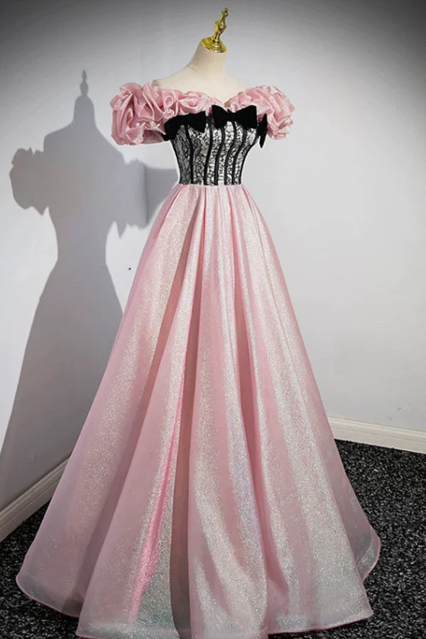 Wholesale Beautiful Shiny Tulle Long A-Line Pink Corset Prom Dress Off the Shoulder Evening Party Dress