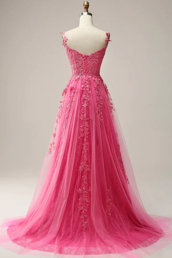 Wholesale Hot Pink Lace Long Prom Dress Spaghetti Strap Evening Dress Party Dress