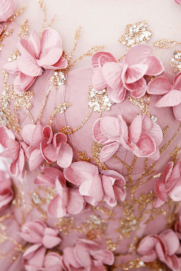 Wholesale Beautiful Pink Tulle Long Prom Dress with Flowers Lovely Tulle Sweet 16 Dress