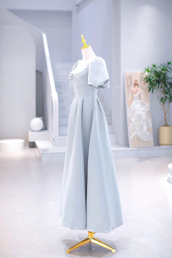 Wholesale Light Blue Satin Long Prom Dress with Pearls A-Line Short Sleeve Party Dress