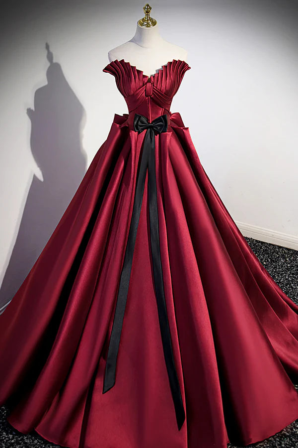Wholesale Burgundy Satin Long Prom Dress Burgundy A-Line Evening Dress