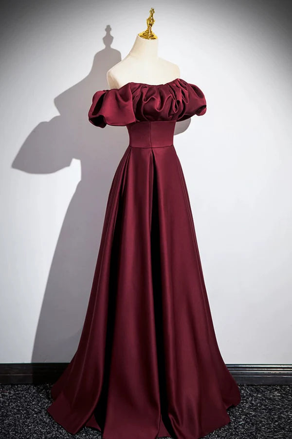 Wholesale Burgundy Satin Floor Length Prom Dress Simple A-Line Evening Party Dress