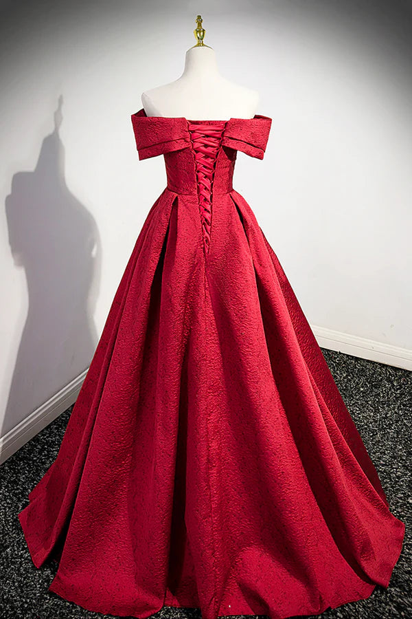 Wholesale Burgundy Satin Long Prom Dress Off Shoulder Evening Party Dress