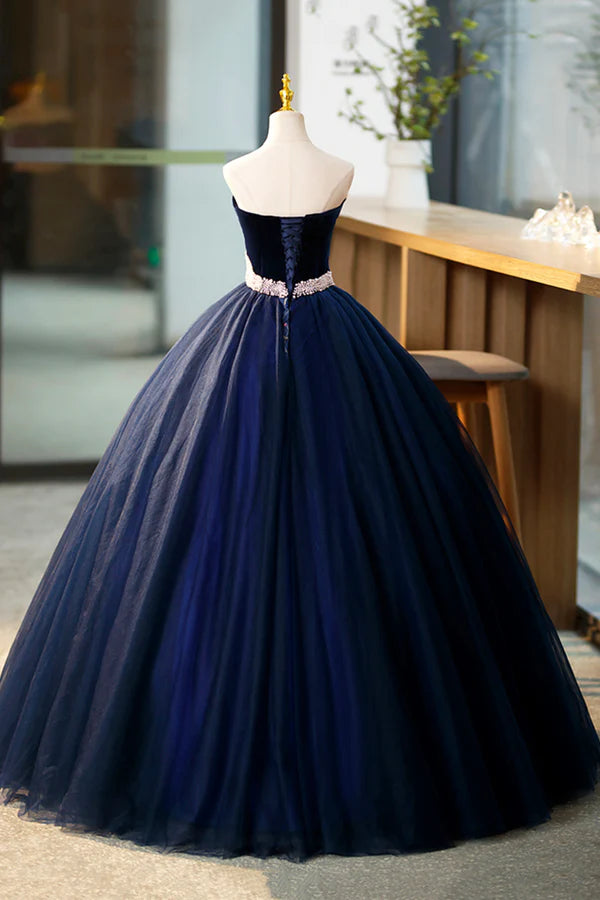 Wholesale Blue Velvet Tulle Long Prom Dresses Blue Evening Party Dresses