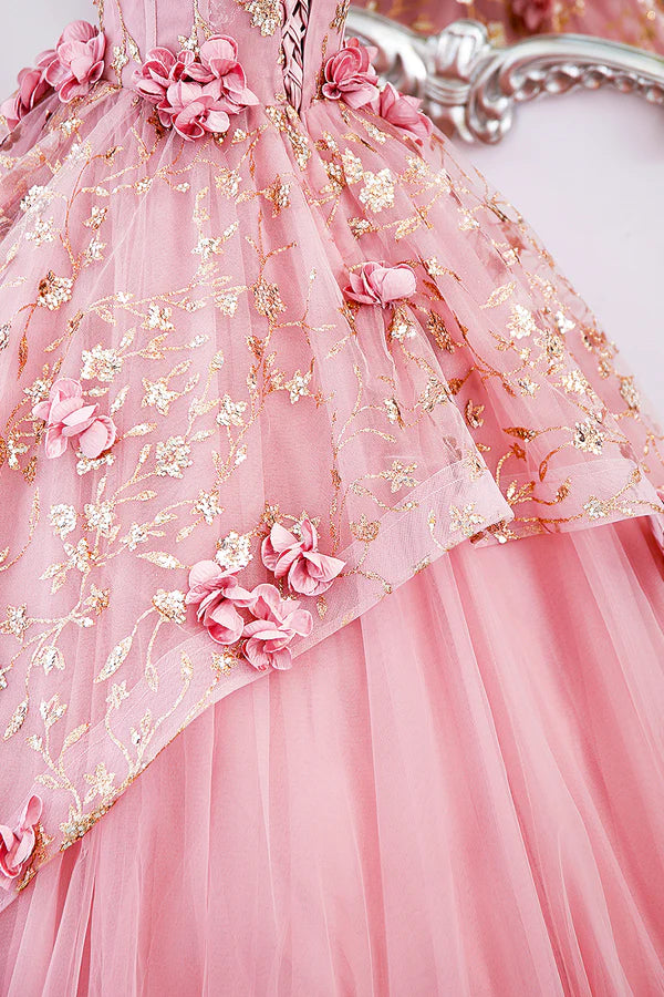 Wholesale Beautiful Pink Tulle Long Prom Dress with Flowers Lovely Tulle Sweet 16 Dress