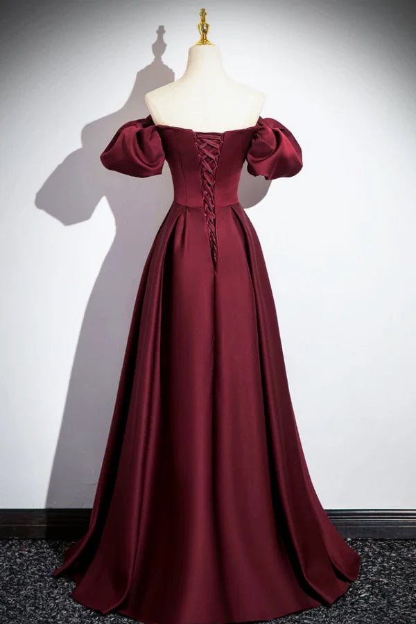 Wholesale Burgundy Satin Floor Length Prom Dress Simple A-Line Evening Party Dress