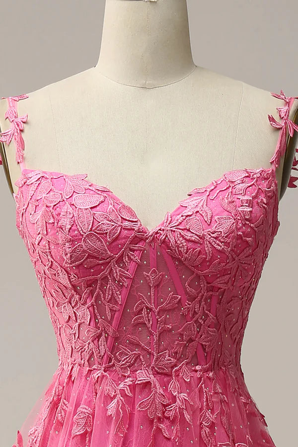 Wholesale Hot Pink Lace Long Prom Dress Spaghetti Strap Evening Dress Party Dress
