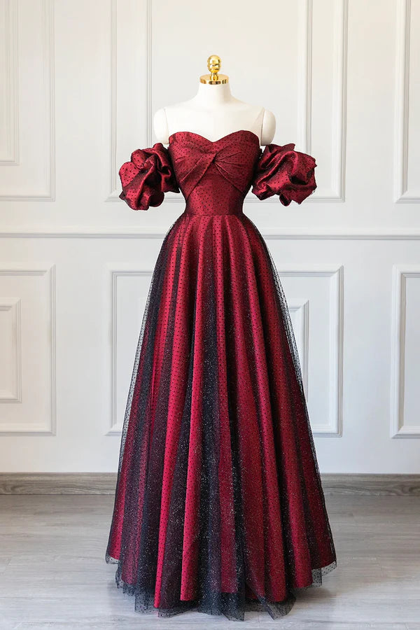 Wholesale Burgundy Satin Tulle Long Prom Dress Off Shoulder Evening Party Dress