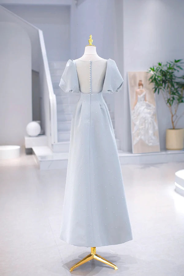 Wholesale Light Blue Satin Long Prom Dress with Pearls A-Line Short Sleeve Party Dress