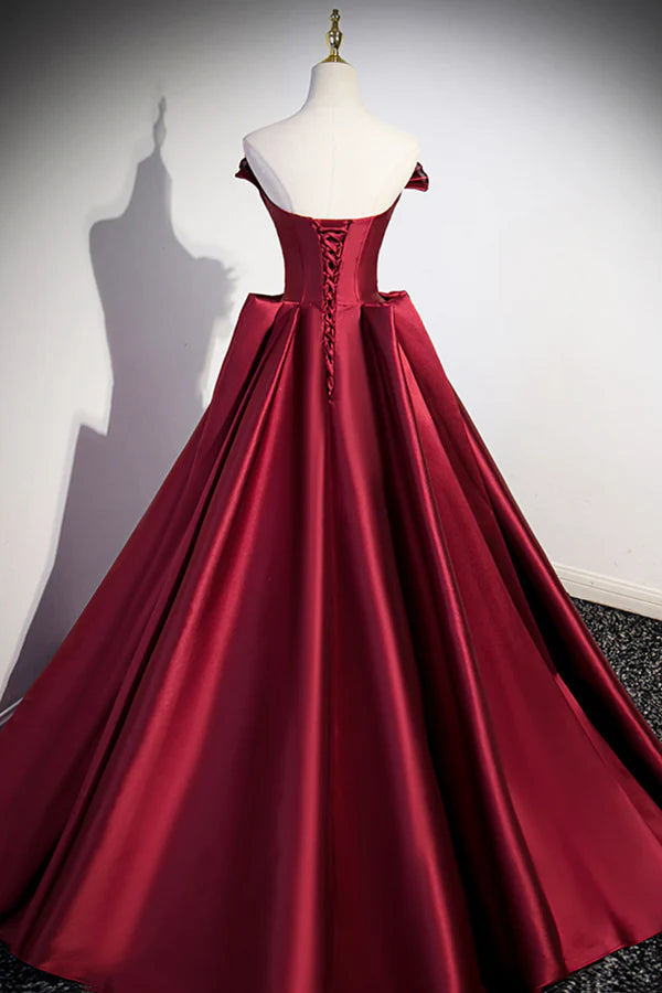 Wholesale Burgundy Satin Long Prom Dress Burgundy A-Line Evening Dress