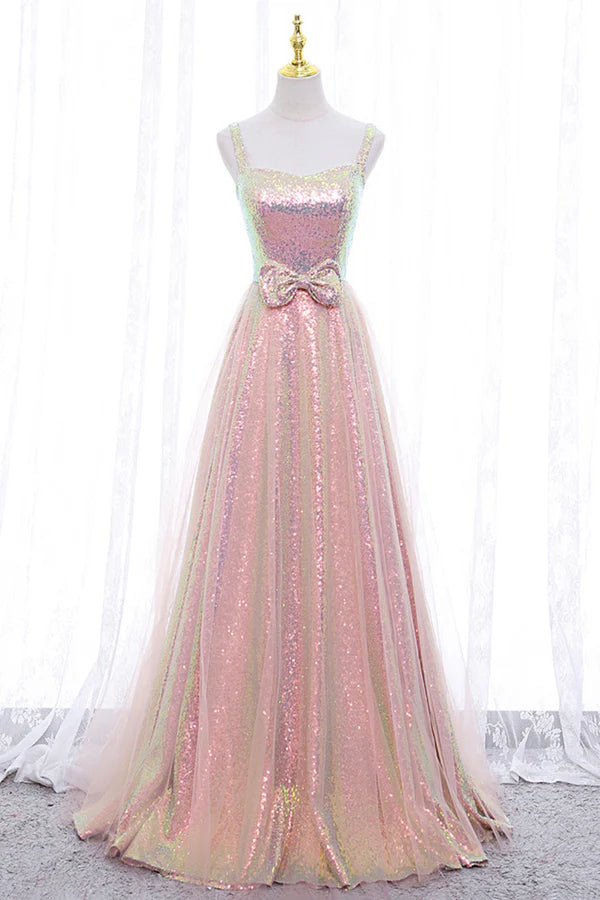 Wholesale Pink Tulle Sequins Long Prom Dress Cute Short Sleeve Evening Dress