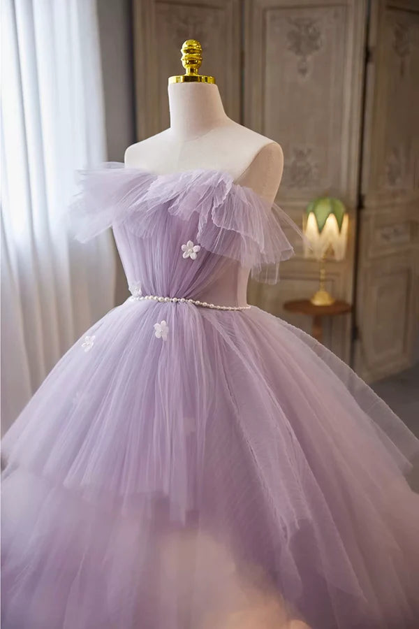Wholesale Lilac Strapless Tulle Long Prom Dresses with Pearls Belt Lilac Off the Shoulder Formal Evening Dresses
